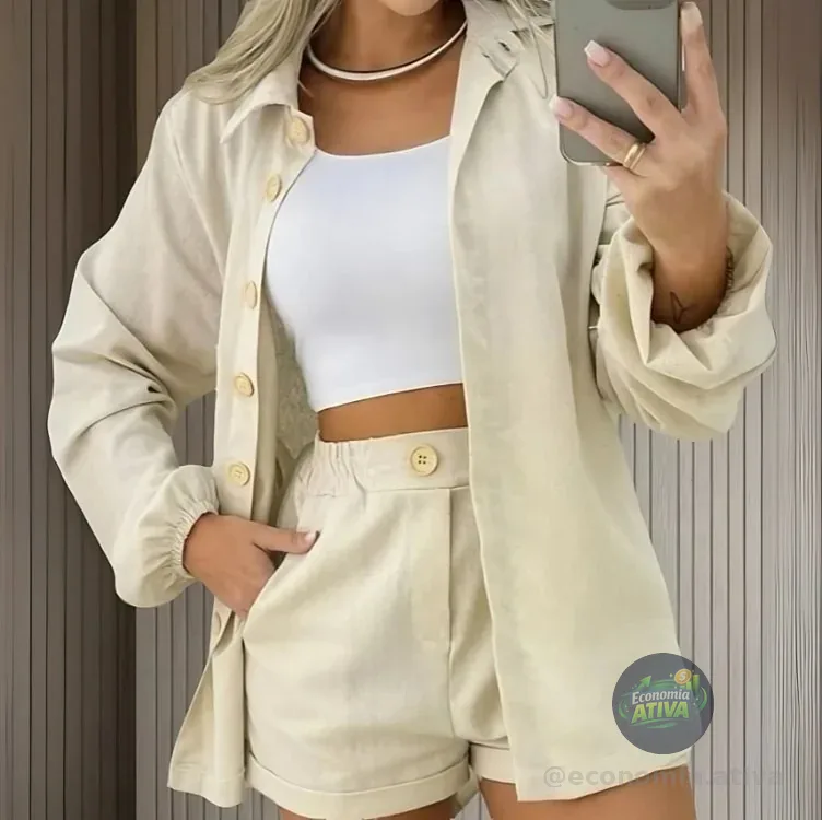 Conjunto Linho Feminino Camisa E Short Linha Premium