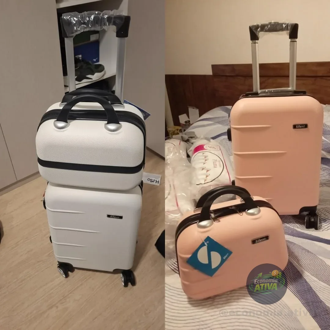 Kit Mala de Bordo Silent Ipanema + Frasqueira - Padrão ANAC | Rígida em ABS | 4 Rodas Duplas 360° | Cadeado Numérico Integrado | Leve e Resistente (Rosé Gold)