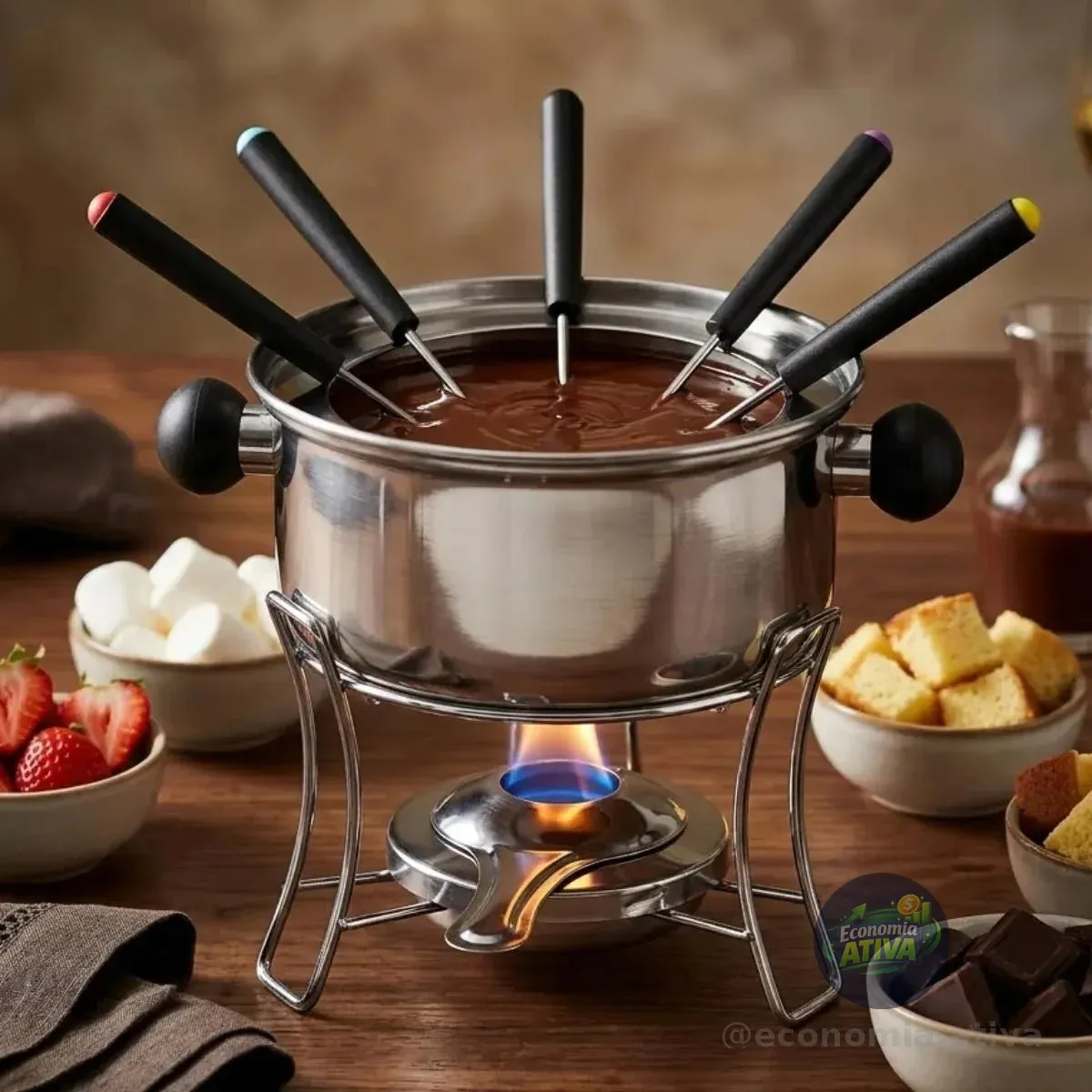 Aparelho Para Fondue Inox 10 Peças Inclui Fogareiro E Base 6 Garfos Prateado
