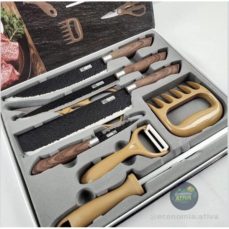 Kit Churrasco Premium 8 Peças – Conjunto Profissional de Facas Gourmet em Aço Inoxidável com Lâminas Antiaderentes e Corte Navalha – Amadeirado