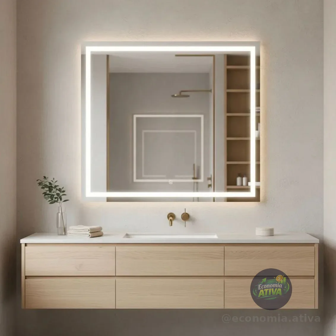 Espelho Grande 40cm Jateado Com Touch E Led 3 Cores Banheiro Led 3 Cores