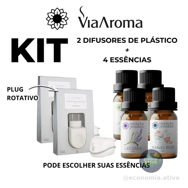 2 Difusores Aromatizador Elétrico Standard Bivolt Via Aroma + 4 Essência Aroma Premium 15 ml