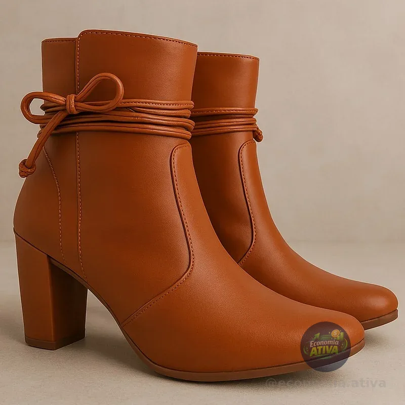 Bota Feminina Bico Fino Salto Alto Grosso Fashion Confortável de Amarrar Leve Original OLZZY