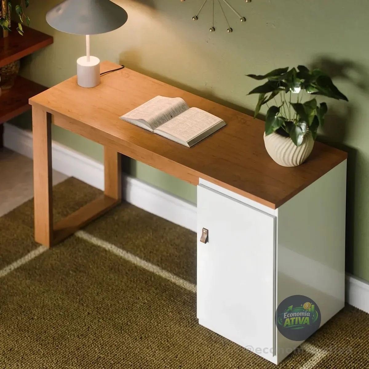 Escrivaninha Mesa Para Computador Paris 115cm Home Office Estudo Escritório Mdf Mdp 1 Porta Armário Lateral Puxador De Couro Cor Branco Canela Canela/branco