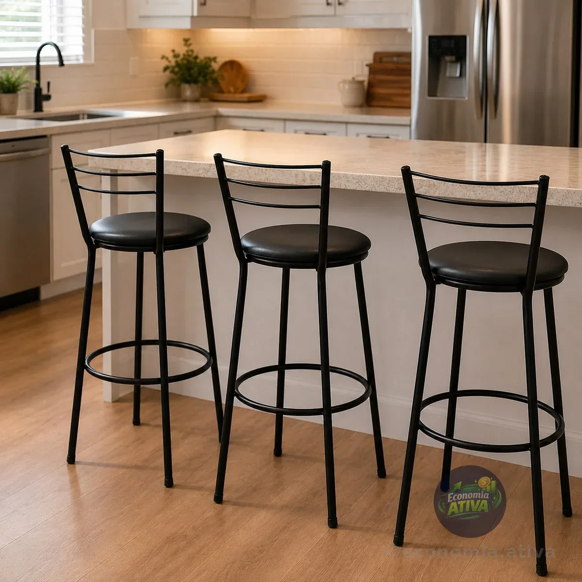 Kit Com 3 Banquetas Altas Flórida Itagold Pretas Em Aço Com Encosto Para Cozinha E Balcão Preto