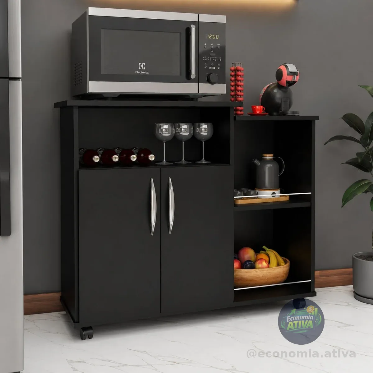 Armário Cozinha Ajl Preto Fruteira Com Rodas Porta Microondas 2 Portas Black