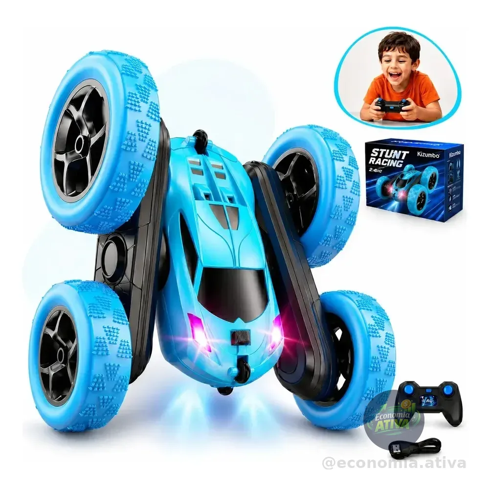 Carrinho De Controle Remoto 4x4 Pirueta Giro 360º Brinquedo Infantil Recarregável Maluco Com Luzes Kizumba Cor Azul