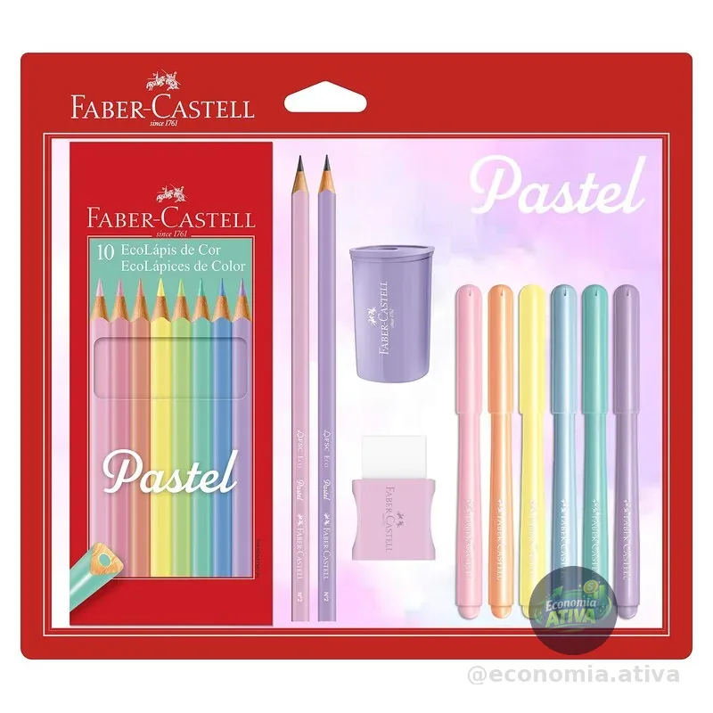 Kit Tons Pastel, Faber-Castell, KIT/PASTEL, Lápis de Cor + Canetinhas + Borracha + Apontador + Grafite