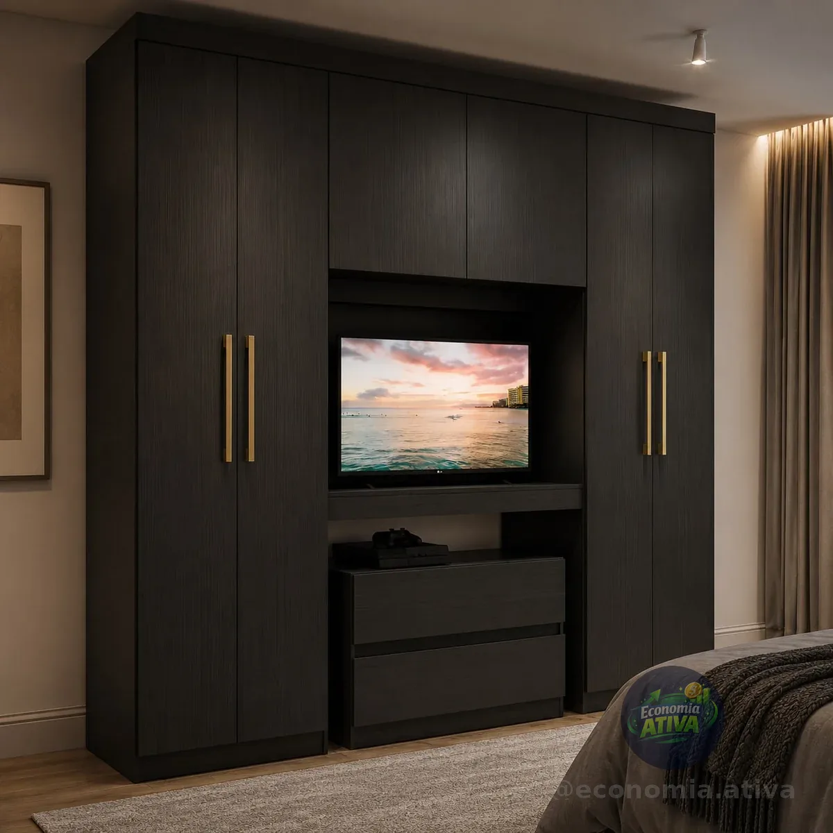 Guarda Roupa Casal 6 Portas 2 Gavetas Porto Carraro Preto