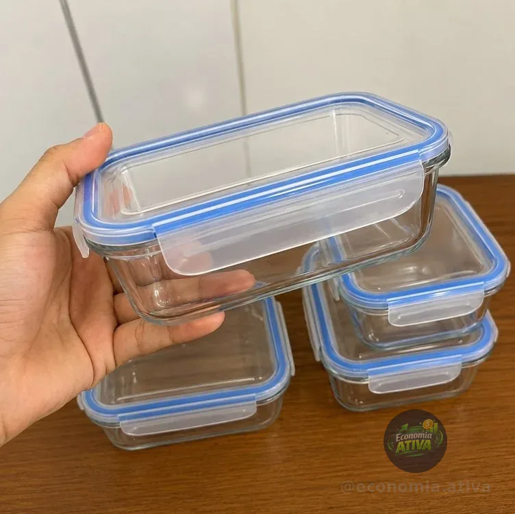 Kit 4 Potes de Vidro Hermético 640ml Borossilicato com 4 Travas – Marmita Fit, Pote para Alimentos Freezer Micro-ondas Lava-Louças Super Resistente Linha Rhead Premium - Aproximadamente 18x13x6 cm (4)