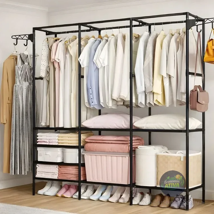 Cabideiro Arara Closet Roupas Sapateira Triplo Cor Preto