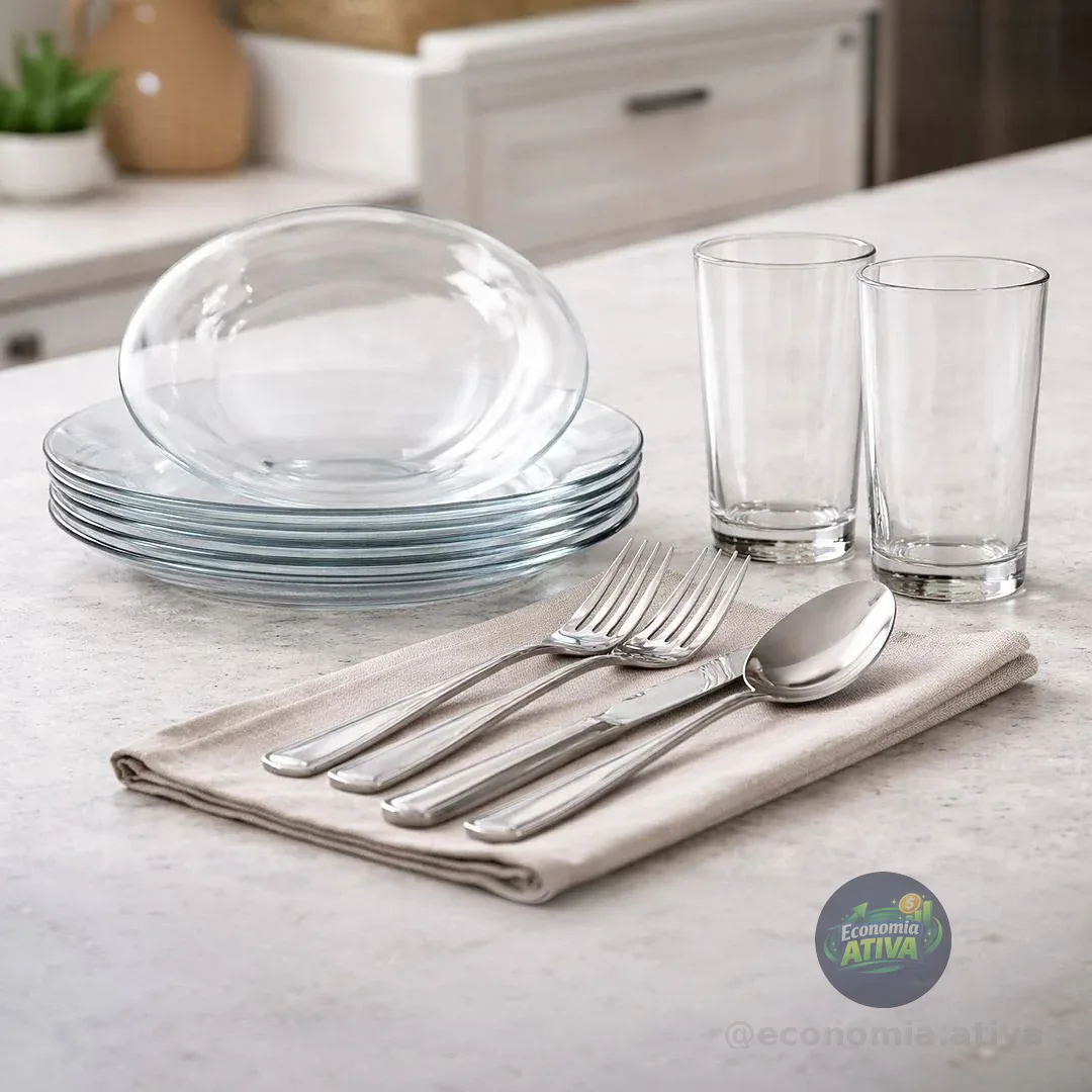 Aparelho De Jantar 30 Peças - Pratos + Copos + Talheres Inox