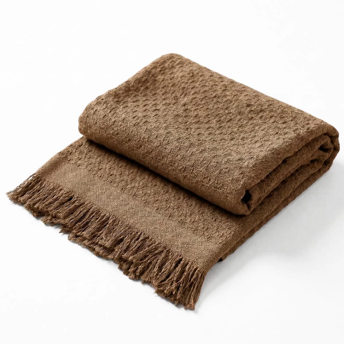 Decolab Manta para Sofá em Algodão com Franjas Artesanais | Cobertor Decorativo para Sofa, Poltrona e Cama | Estilo Boho Chic (Caramelo)