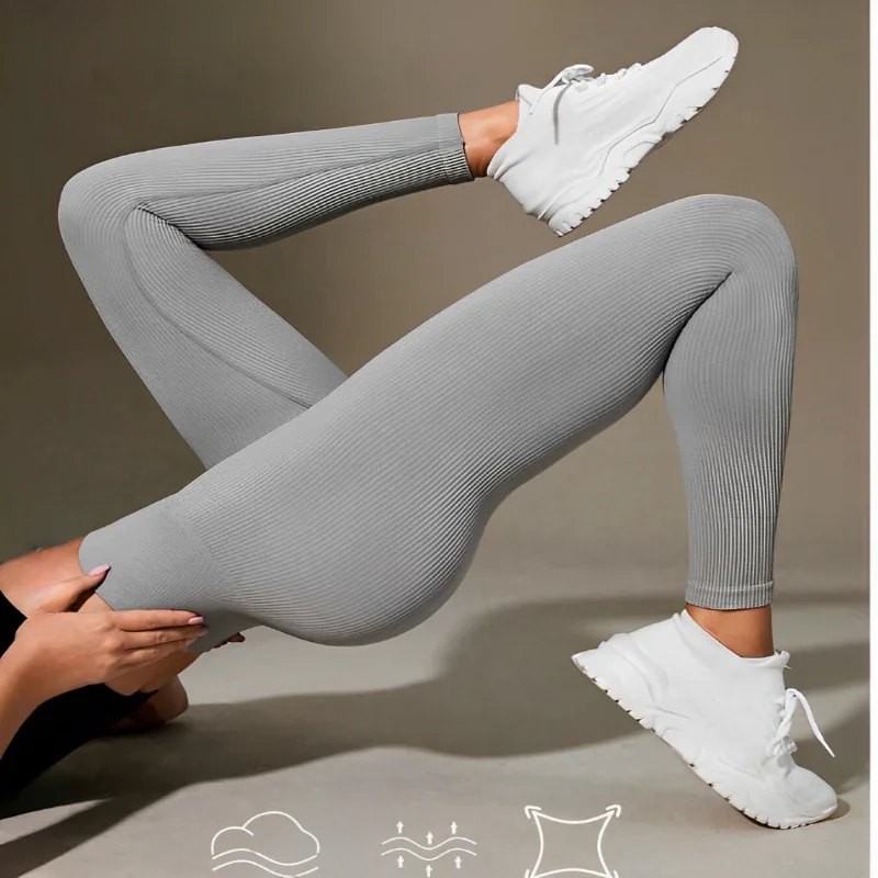 Calça Legging Canelada de Cintura Alta Sem Costura para Academia Feminina, Elástica e Fitness