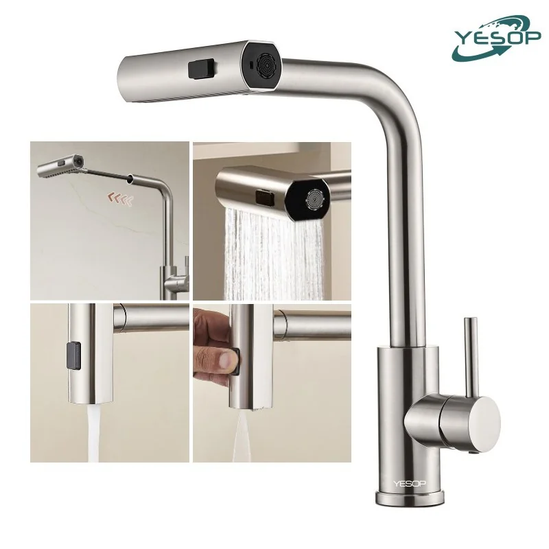 YESOP Torneira Cascata Cozinha Gourmet Monocomando Extensível Inox 304 Escovada 3 Modos Ducha Spray