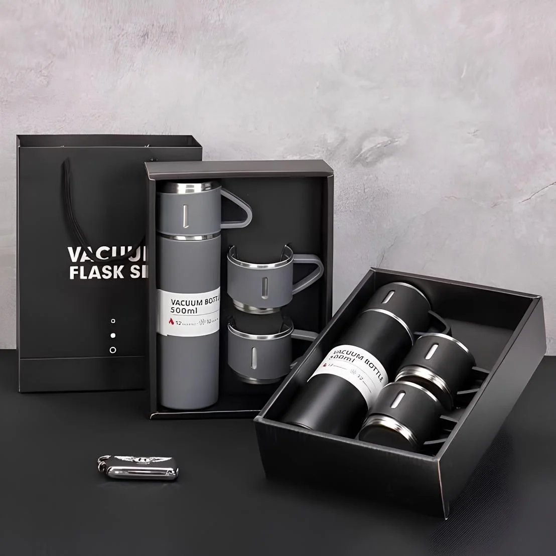 Caneca Kit Garrafa Térmica Vacuum Bottle Inox 500ml + 3 Xícaras