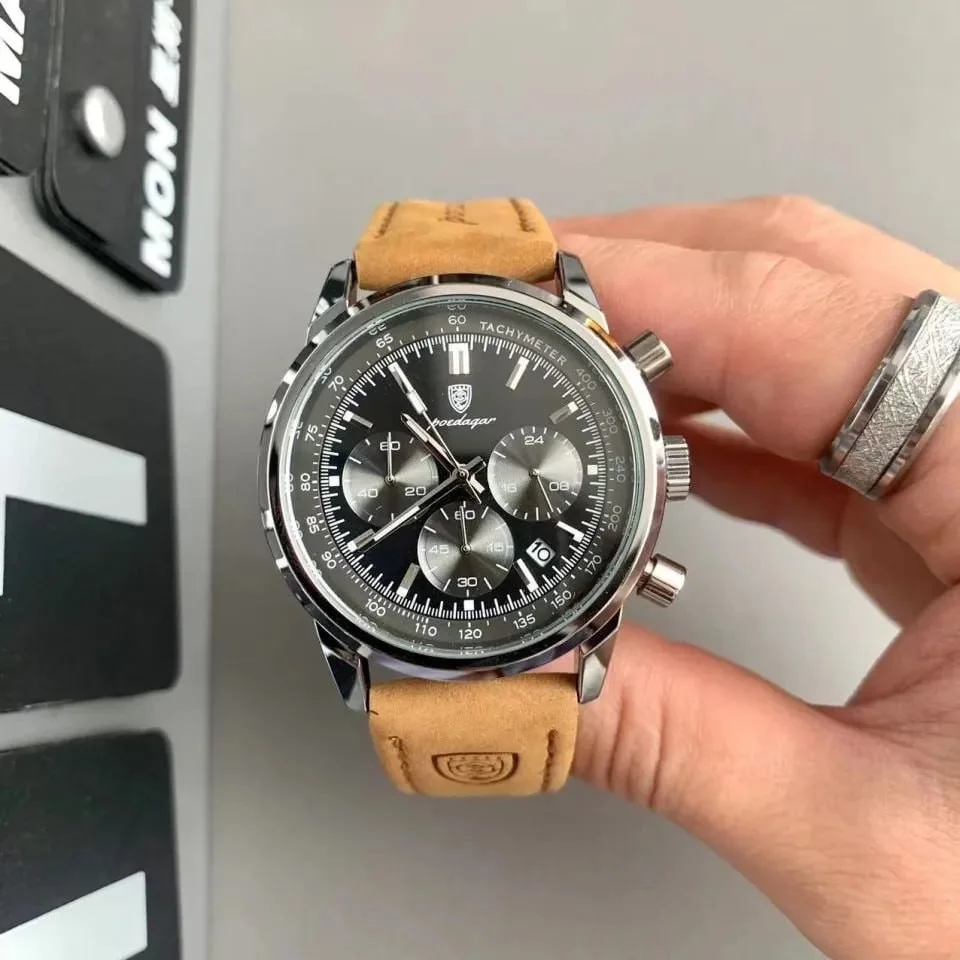 Relógio Luxo Poedagar Masculino Pulseira Em Couro Funcional