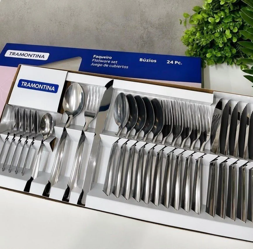 Faqueiro Tramontina 24 Peças Inox Jogo De Talheres Completo 6 Pessoas, Resistente, Não Enferruja, Fácil Limpeza, Kit Talheres Inox Premium Para Cozinha, Mesa Posta E Dia A Dia Cinza