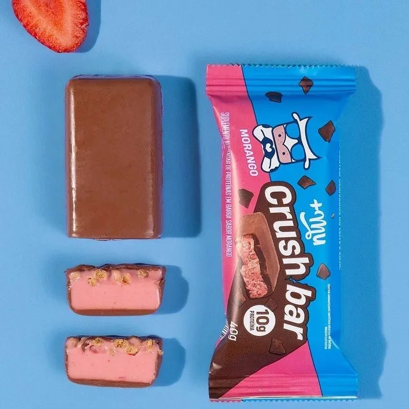 Barra de Proteína, Mais Mu, Crushbar 2.0, Sabor Morango, Zero Açúcar - Display 12 Unidades