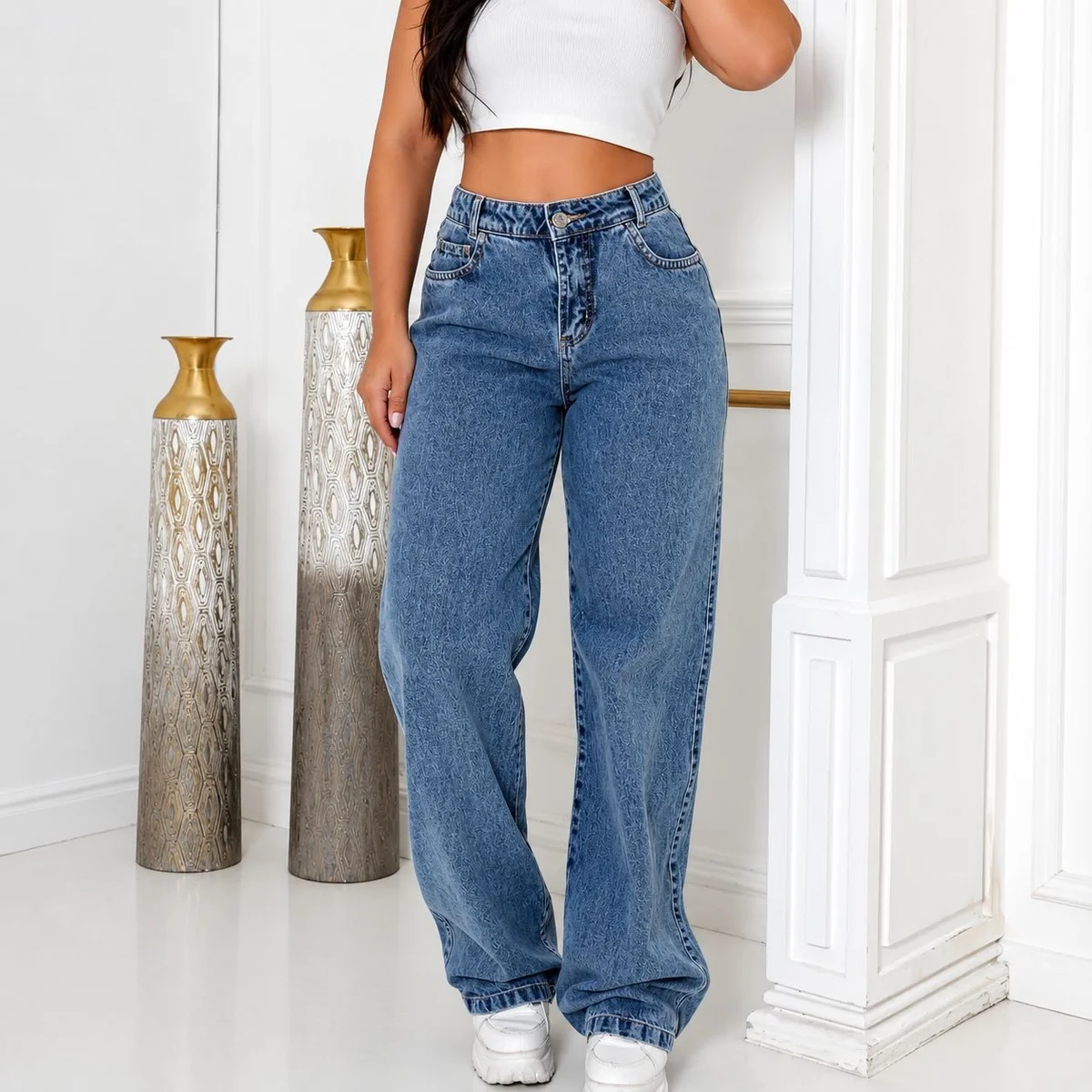 Calça Jeans Wide Leg Cintura Alta