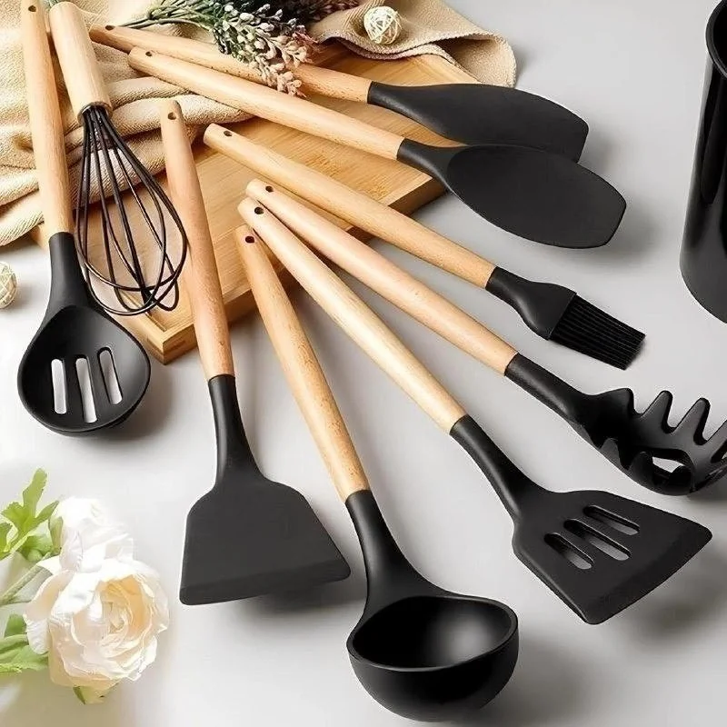 Kit C/12 Utensílios Silicone Cabo Madeira