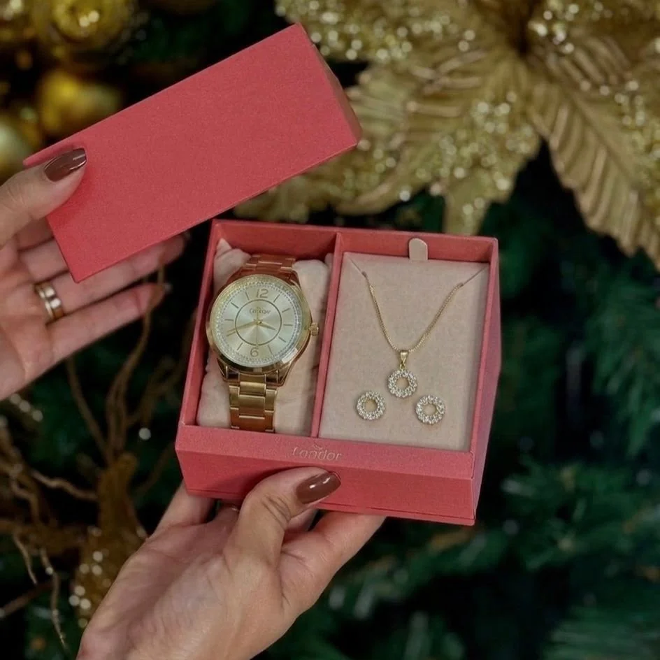 Kit Relógio Condor Feminino Elegante Dourado