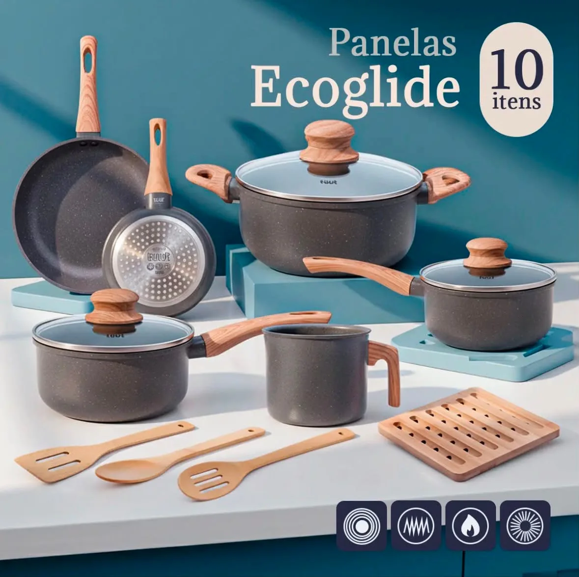 Jogo De Panelas Induçao Antiaderente Cerâmica 10 Peças