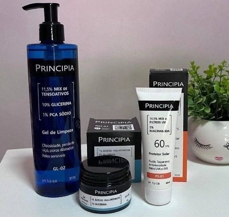Kit Principia Skincare - Gel de Limpeza GL-02 - Protetor Solar FPS 60 - Creme Hidratante CH-01