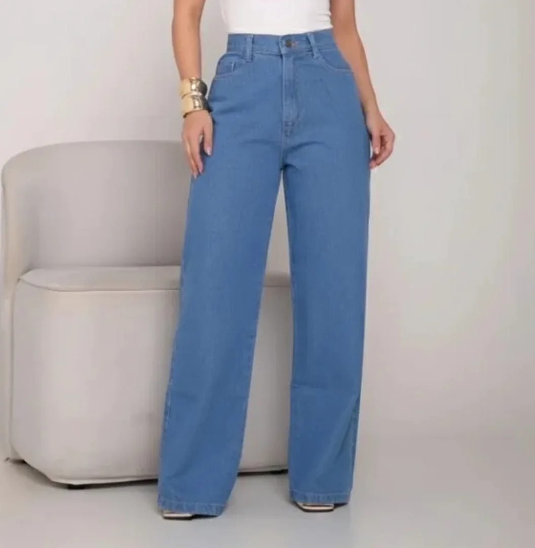 Calça Jeans Wide Leg Feminina Cintura Alta Pantalona Jeans Claro Liso 40