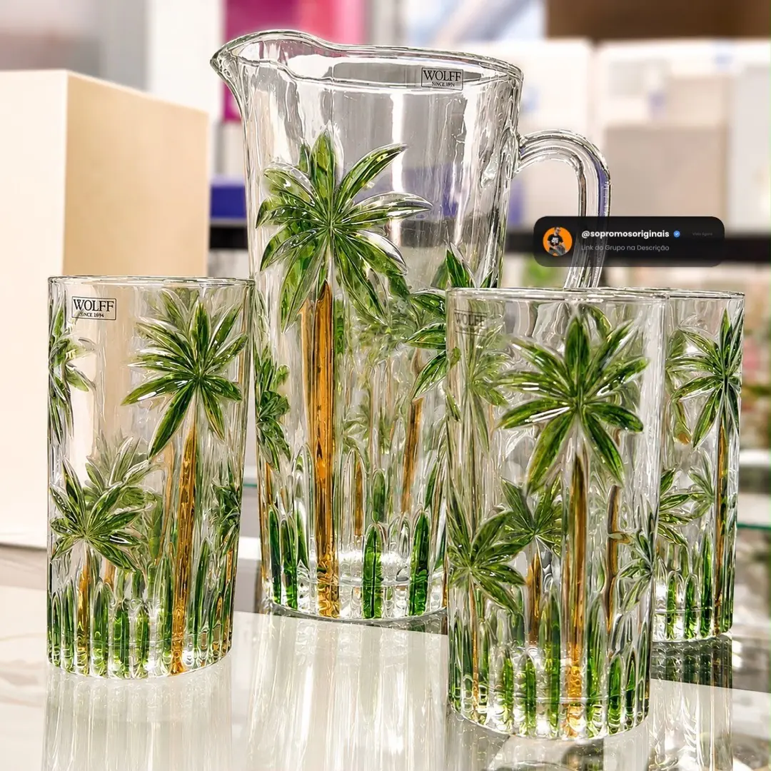 Conjunto Jarra 6 Copos Cristal Palm Tree Handpaint Wolff Coqueiros