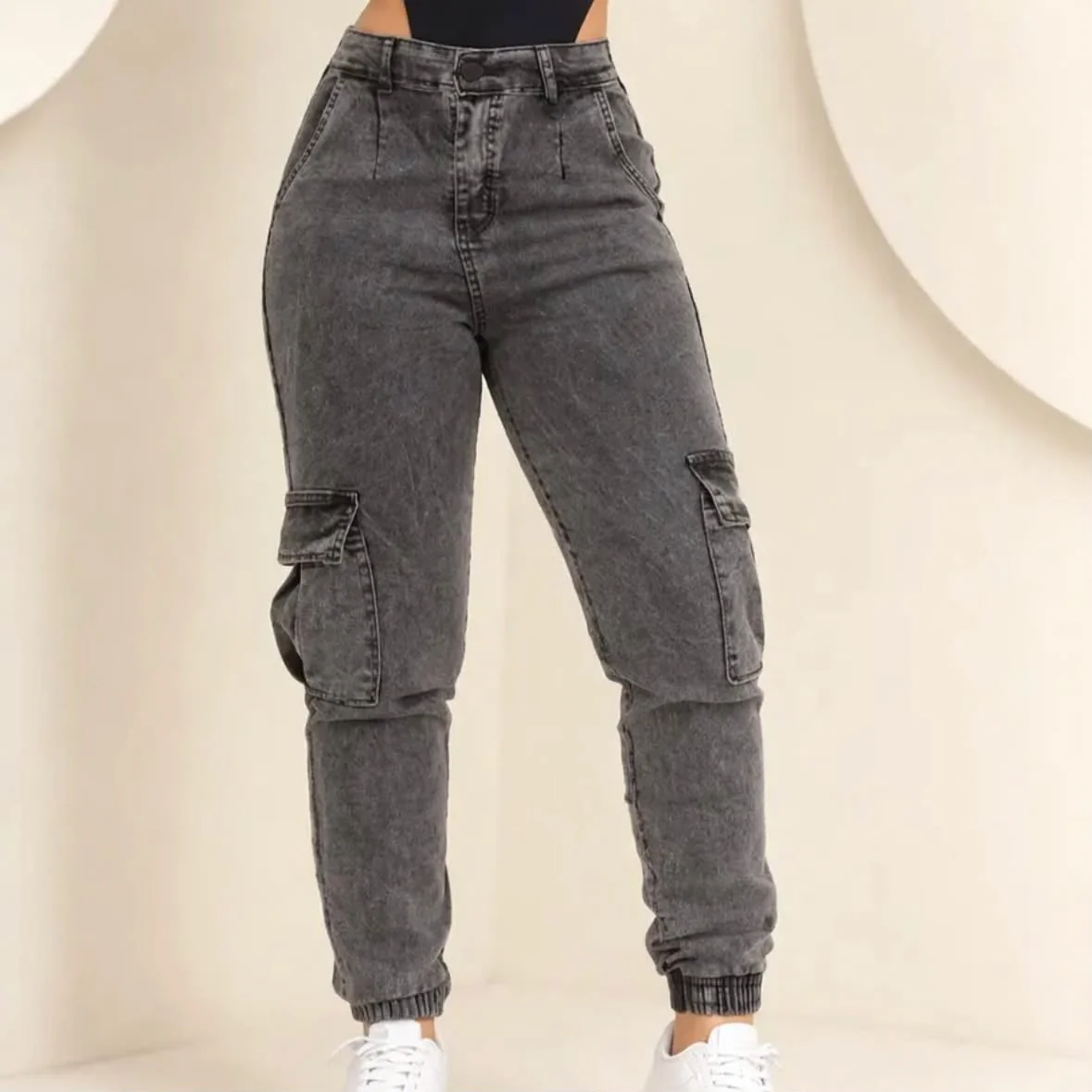 Calça Cargo Jogger Jeans Feminina Cintura Alta Com Lycra