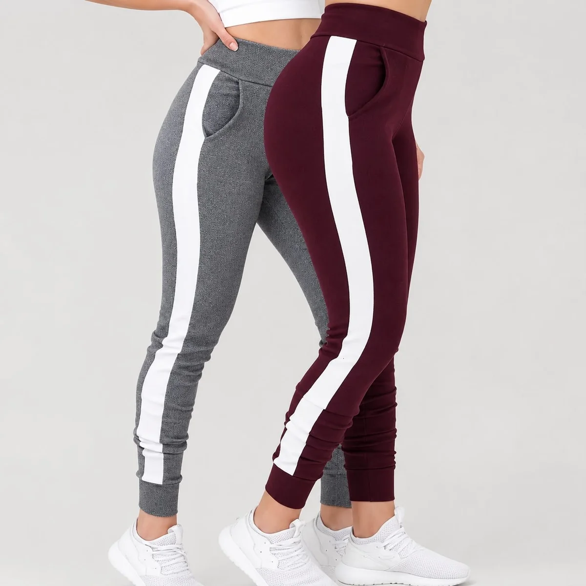 Kit 2 Calças Feminina Jogger Listrada Crepe Slm Fit Academia