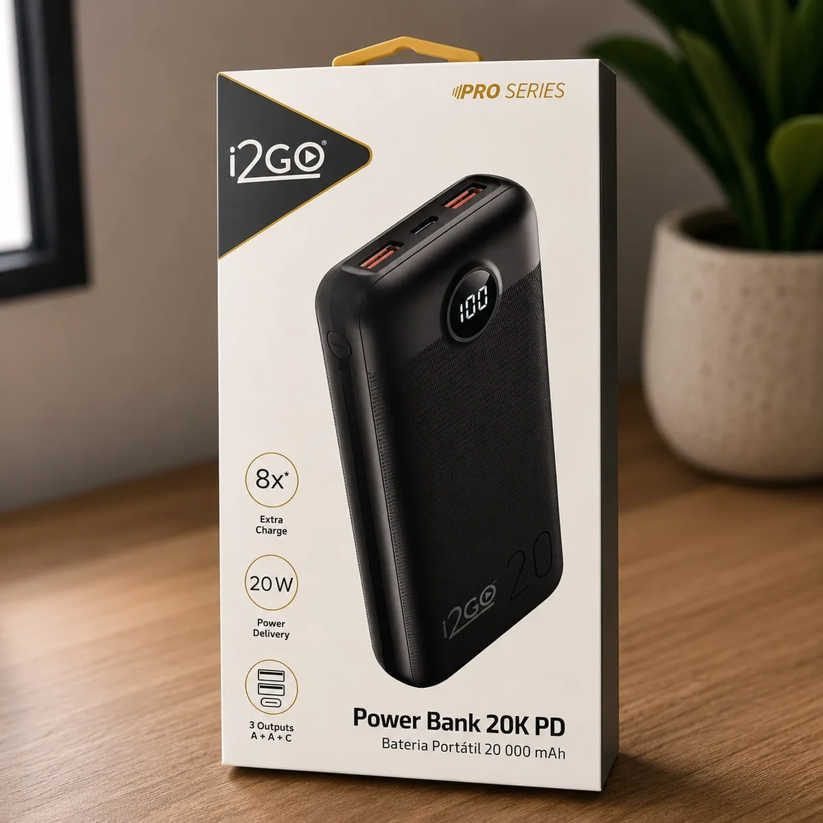 I2GO, Carregador Portátil (Power Bank) Ultra Rápido 20000mAh, Power Delivery 20W, 2 Saídas USB + 1 Saída/Entrada USB-C, Preto, i2GO PRO
