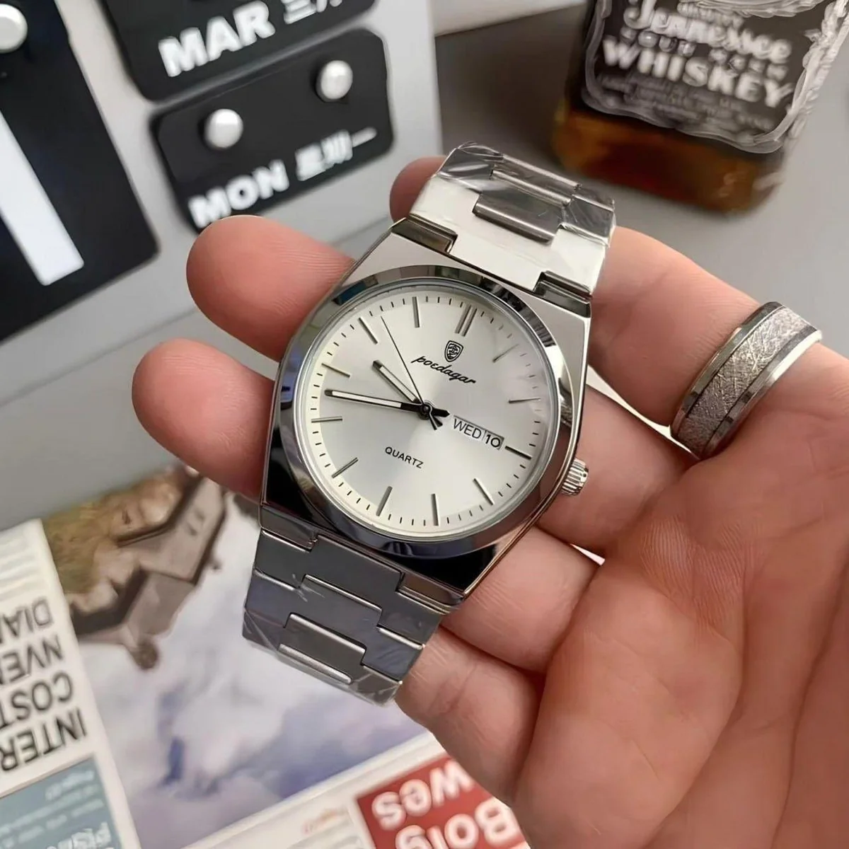 Relógio Masculino Luxo Poedagar Old Money Aço Quartzo Prata Prateado Clássico Branco Capra Pink