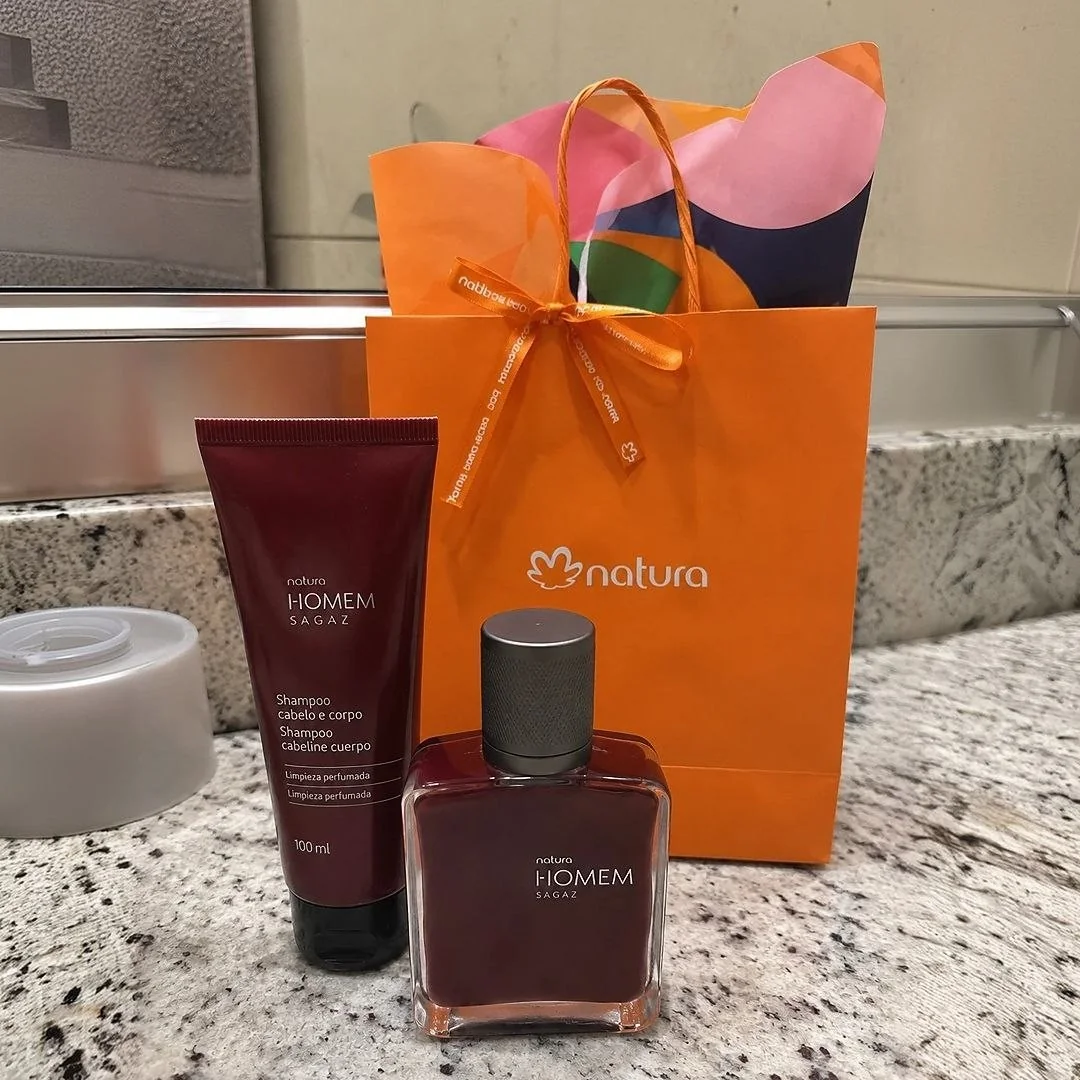 Kit Presente Natura Homem Sagaz Miniatura 25ml + Shampoo Cabelo e Corpo 100ml + Sacola Presente