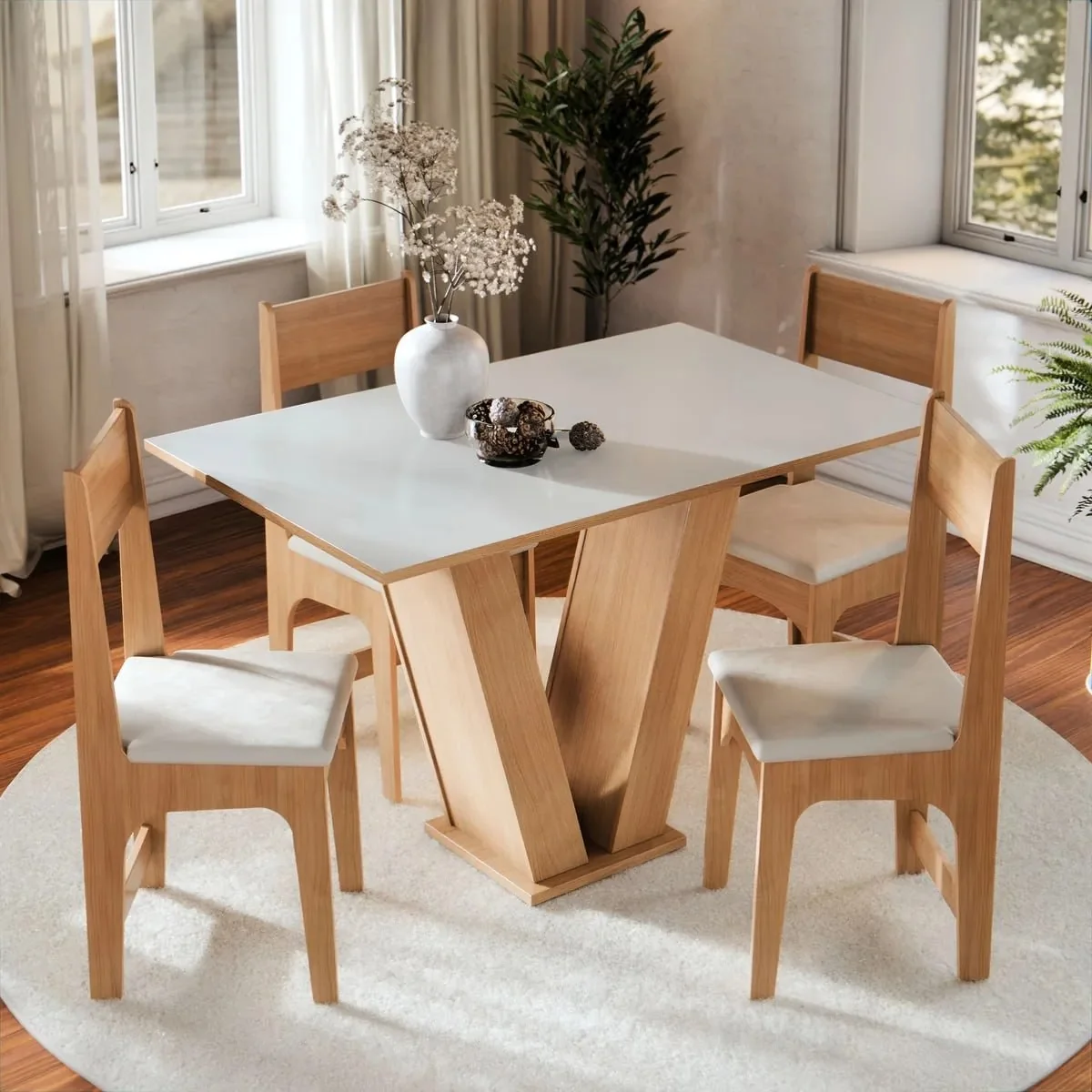 Conjunto De Jantar Vivi Com 4 Cadeiras Estofadas, Mesa Retangular Tampo Branco Off E Base Mel Mel Off Liso