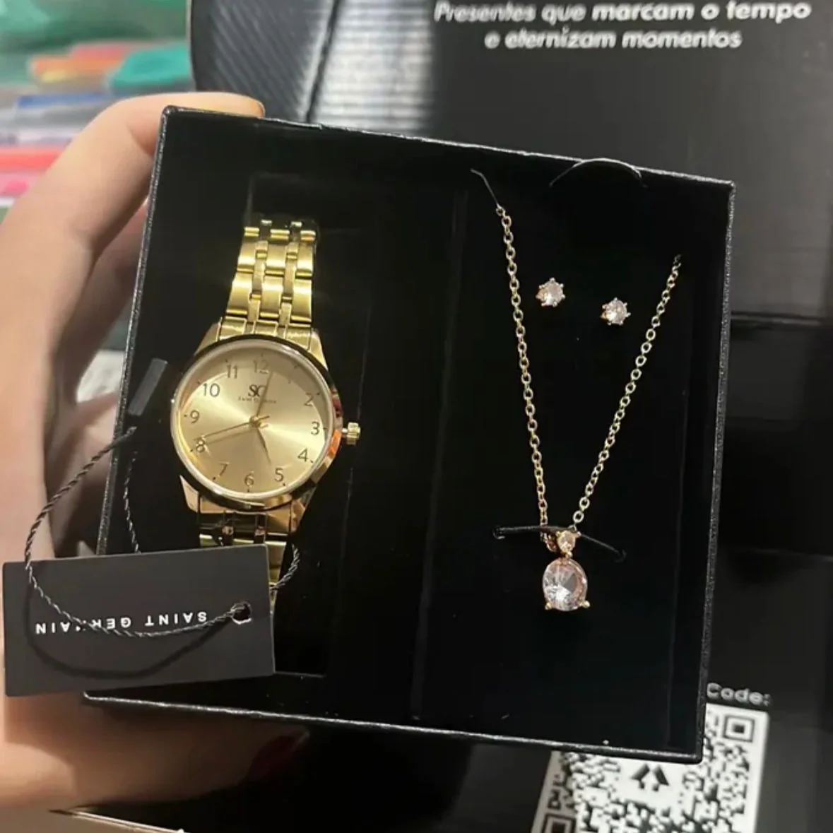 Kit Relógio Colar E Brincos Dourado Feminino Saint Germain