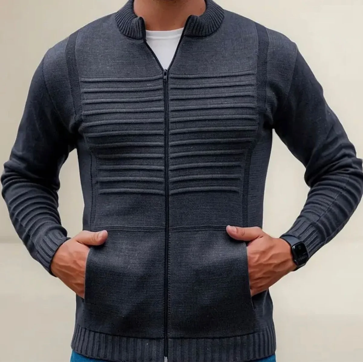 Jaqueta Masculina Em Tricô Casaco Com Bolso Ziper Lã Quente