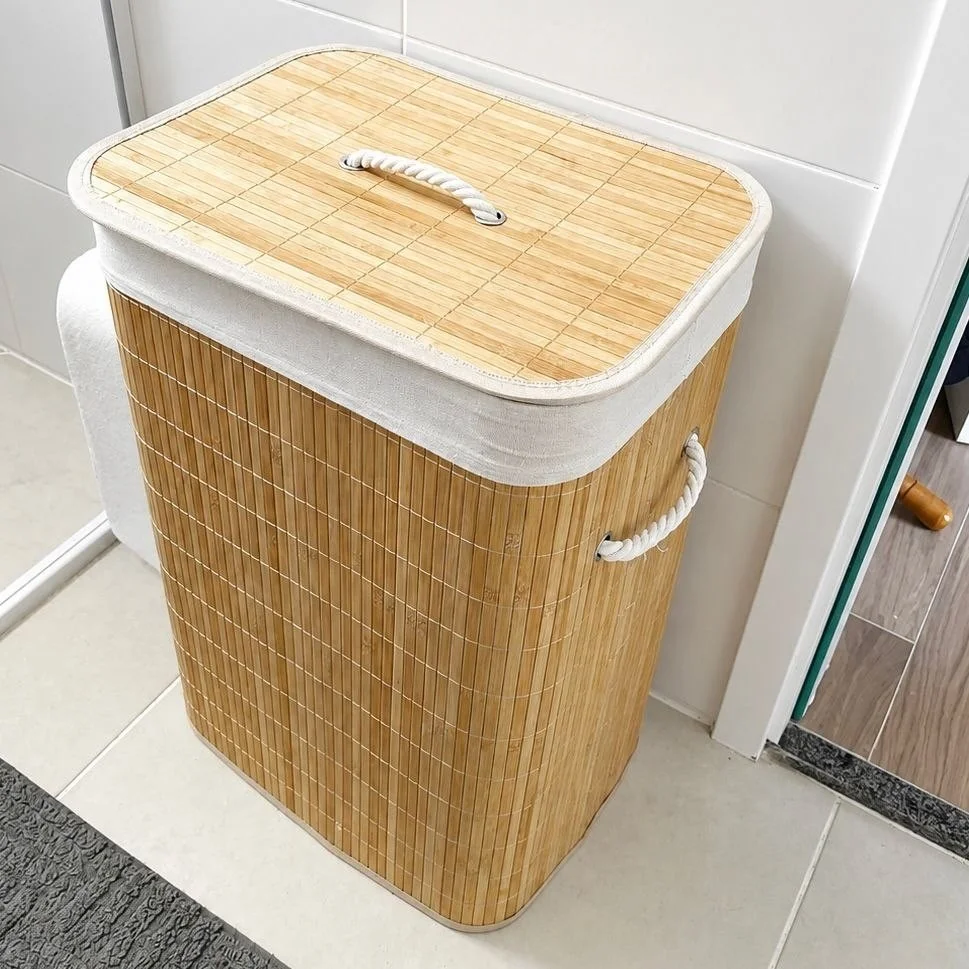 Cesto Bambu Jolitex Retangular Com Tampa Bege Liso
