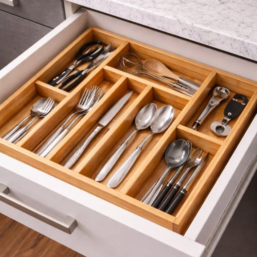 Porta Talher Extensível Organizador Bambu 7 Divisórias