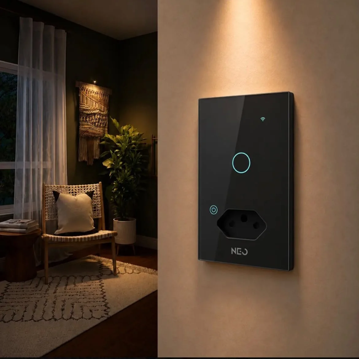 Interruptor Com Tomada Smart E Botão Preto Neo Avant - Wifi