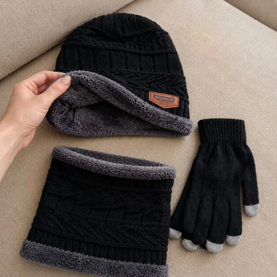 Kit Inverno Touca Gorro Forrado + Gola Térmica + Luva Touch Celular Unissex