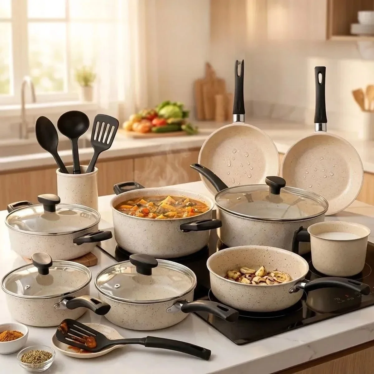Jogo De Panelas 13 Peças Antiaderente Kit Cozinha Completa Marfim Bianco Vanilla