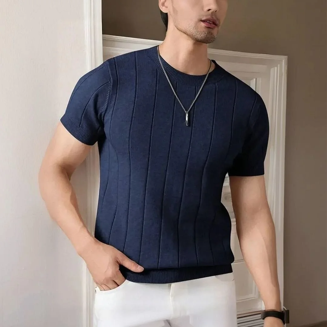 Camiseta Masculina Básica Canelada Manga Curta Tricot Modal