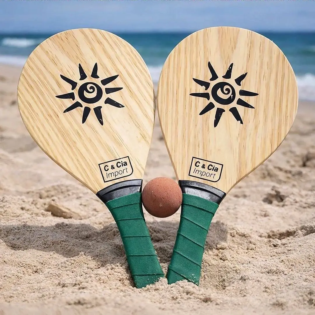Kit Jogo Frescobol Tênis De Praia 2 Raquetes Madeira + Bola
