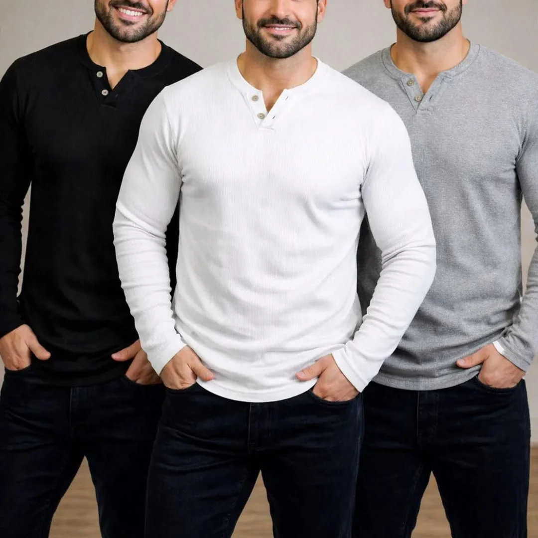 Kit 3 Camiseta Henley Masculina Slim 2 Botões Manga Longa