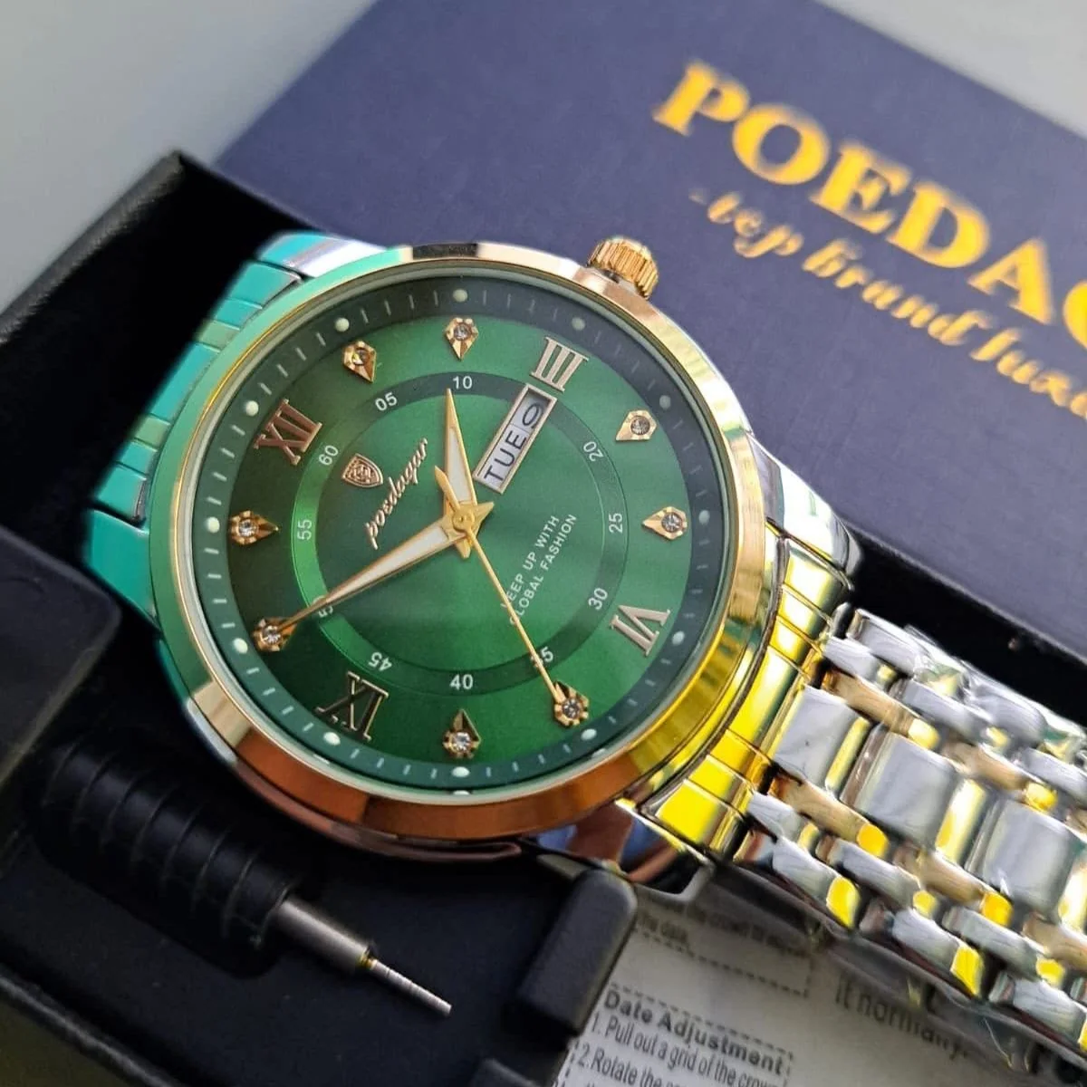 Relógio Poedagar Masculino Luxo Prateado Verde