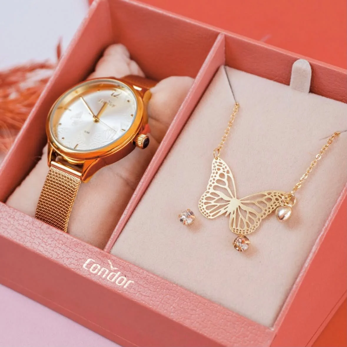 Kit Relógio Feminino Dourado + Condor