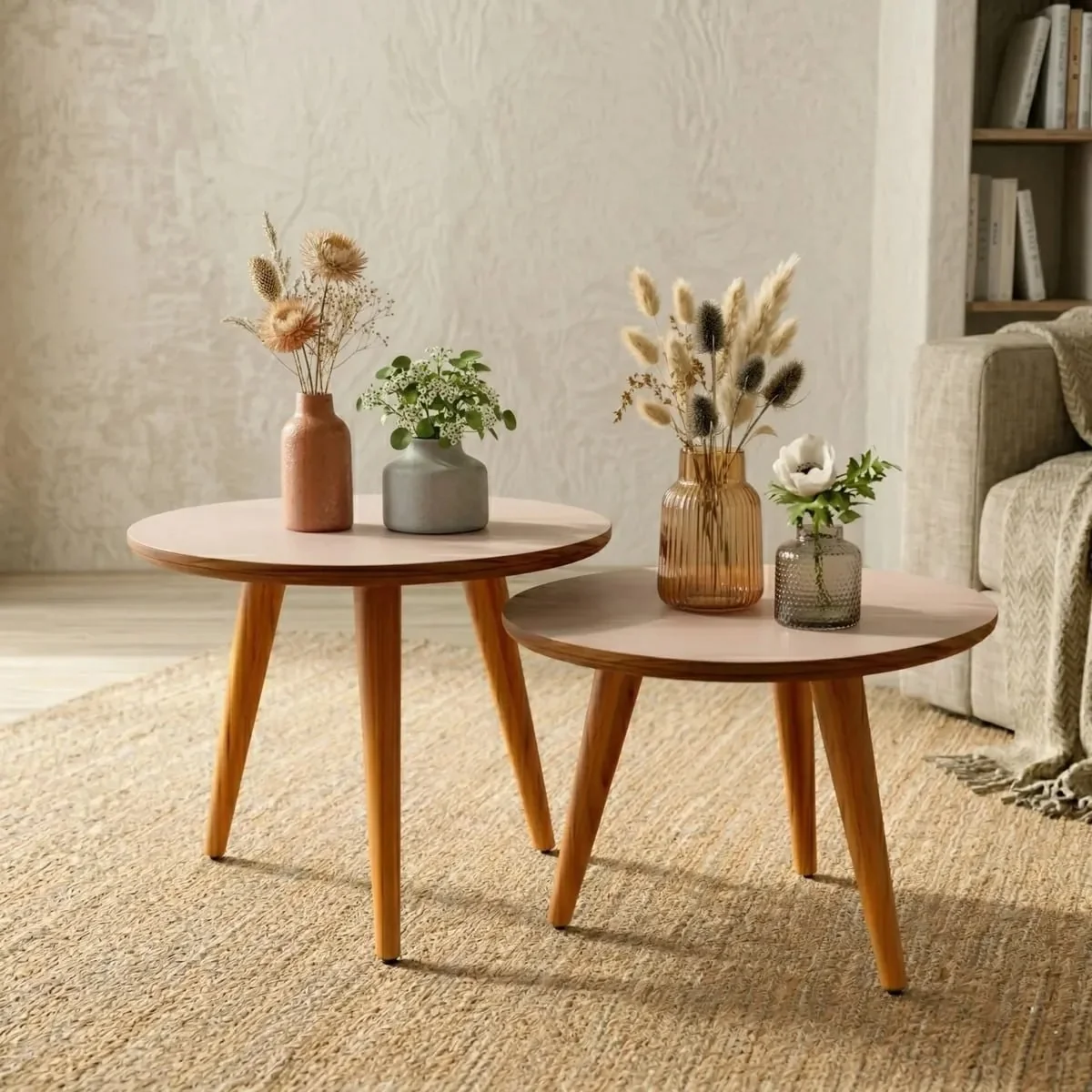 Conjunto Mesa De Centro Para Sala Lateral Redonda Pés Palito