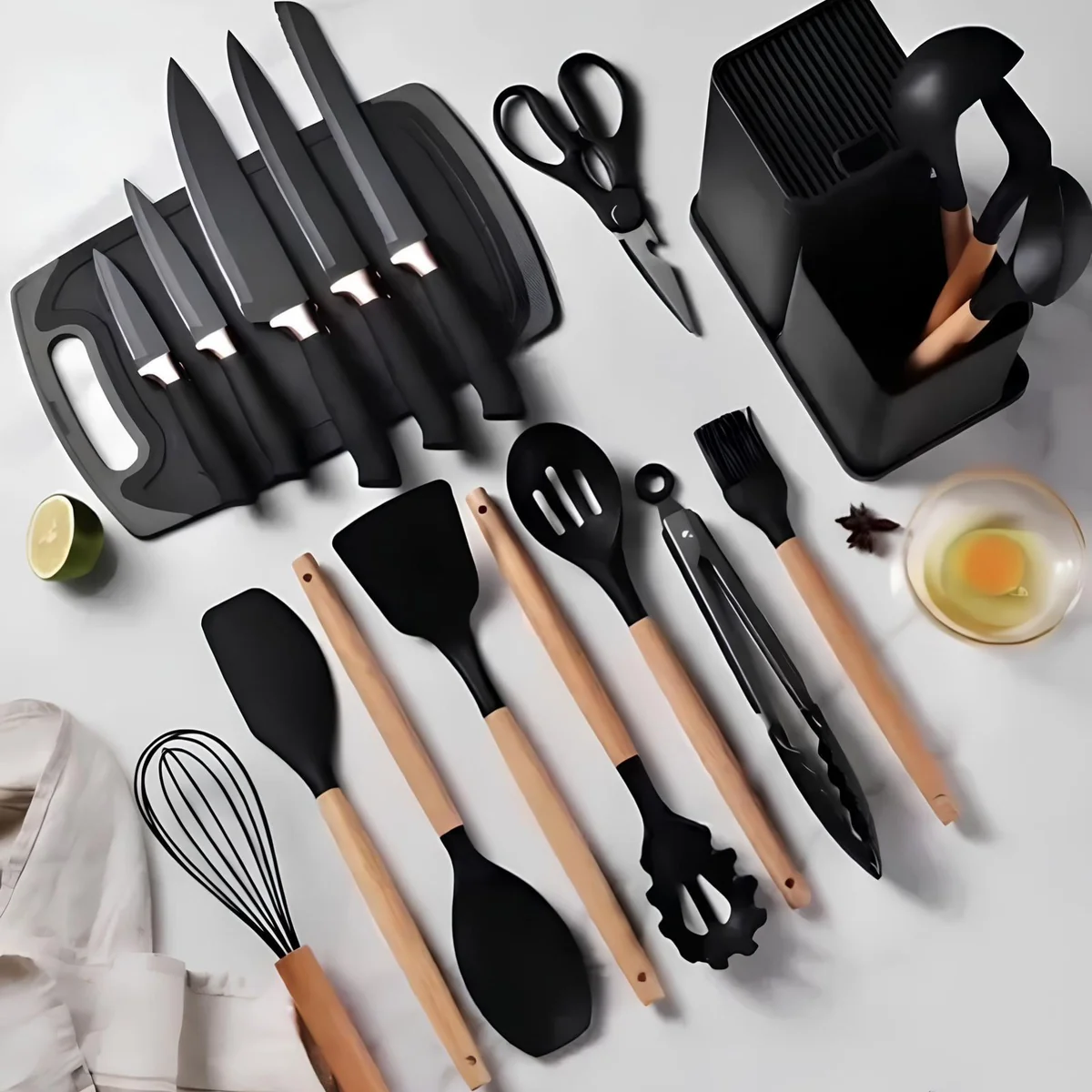 Kit 19 Utensílios Silicone C/ Cabo De Madeira E Facas Em Inox ( 4 cores)